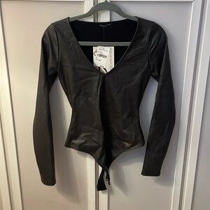 Naked Wardrobe Black Leather Long sleeve One Piece Body suit Size XS